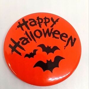VTG‎ Halloween Button Pin 90s HAPPY HALLOWEEN Orange Black Bats Metal Goth